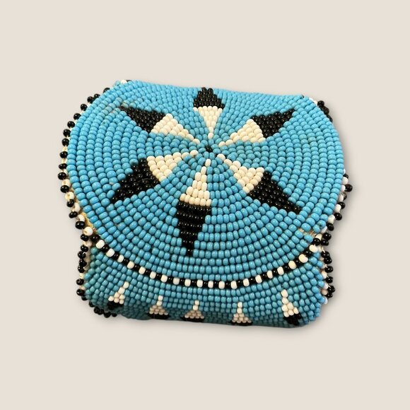 Handmade Blue Beaded Cuff Bracelet With Geometric Black & White Star Pattern - Picture 3 of 4